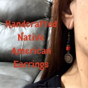 Native American earrings made with brass sun beads and coral beads